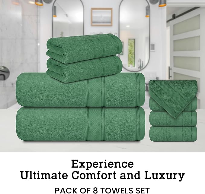 Casa Lino Bath Towel Set of 8 (2 Bath Towels, 4 Wash Cloths & 2 Hand Towels for Bathroom) - 100% Cotton - Highly Absorbent & Quick Dry - Guest Room Essentials for Bathroom Set - (Green)