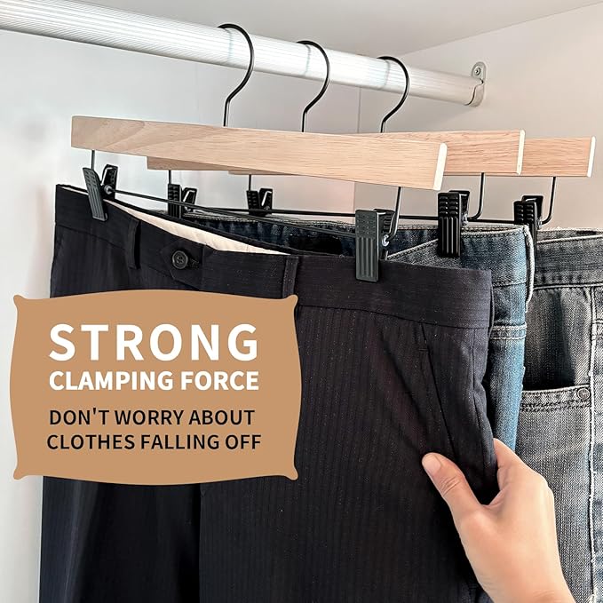 Nature Smile Deluxe Wooden Pants Hangers,Solid Rubber Wood Jeans Skirt Hanger Without Painting,with Adjustable Black Clips and Rotatable Hook,Pack of 20(Natural Unvarnished)