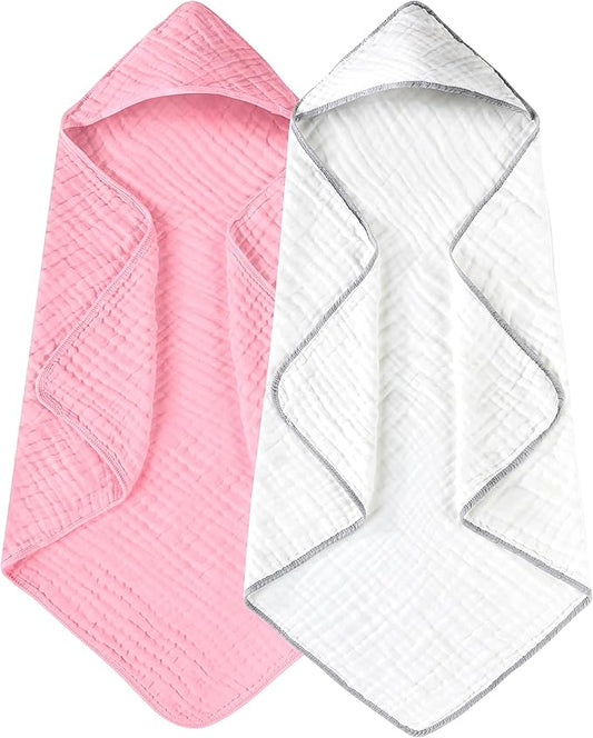 Yoofoss Hooded Baby Towels for Newborn 2 Pack 100% Muslin Organic Cotton Baby Bath Towel with Hood for Babies, Infant, Toddler and Kids, 32x32Inch, Soft and Absorbent Newborn Essential,White and Pink
