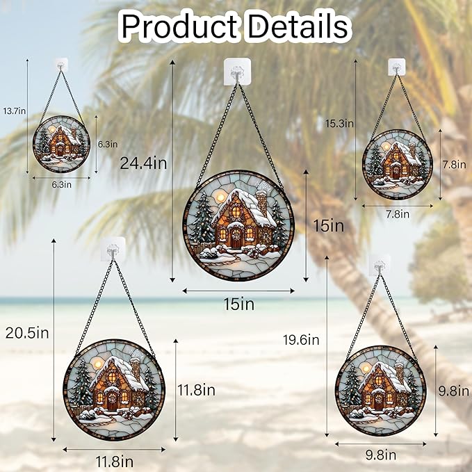 Stained Glass Window Hanging - Christmas Tree Cottage Sun Catcher for Door Garden Home Winter Decor Snowy Night Suncatcher Mother's Day Birthday Gifts for Women Men Mom Nana 11.8 in