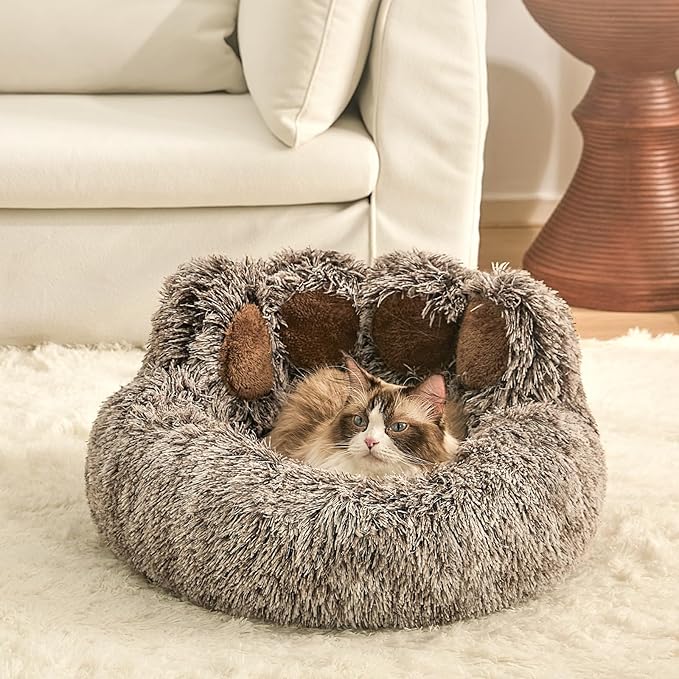Jiupety Paw Shape Calming Pet Bed, Plush Faux Fur Donut Bed for Dogs & Cats, Machine Washable, Non-Slip Bottom, Medium (22"×22"×6"), Gray