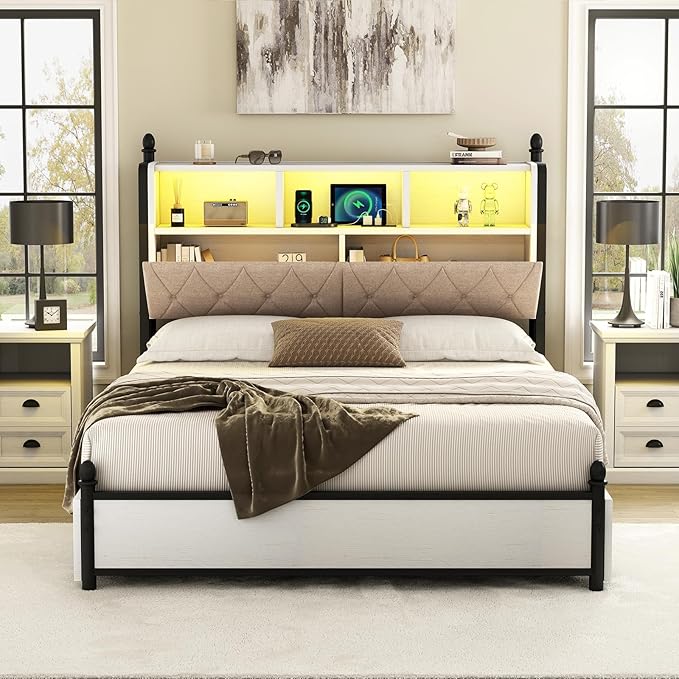 AMERLIFE Queen Bed Frame with Bookcase Headboard & 4 Storage Drawers, Wooden Platform Bed with Charging Station and LED Light, No Box Spring Needed/Noise-Free, White