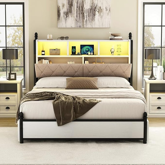 AMERLIFE Queen Bed Frame with Bookcase Headboard & 4 Storage Drawers, Wooden Platform Bed with Charging Station and LED Light, No Box Spring Needed/Noise-Free, White