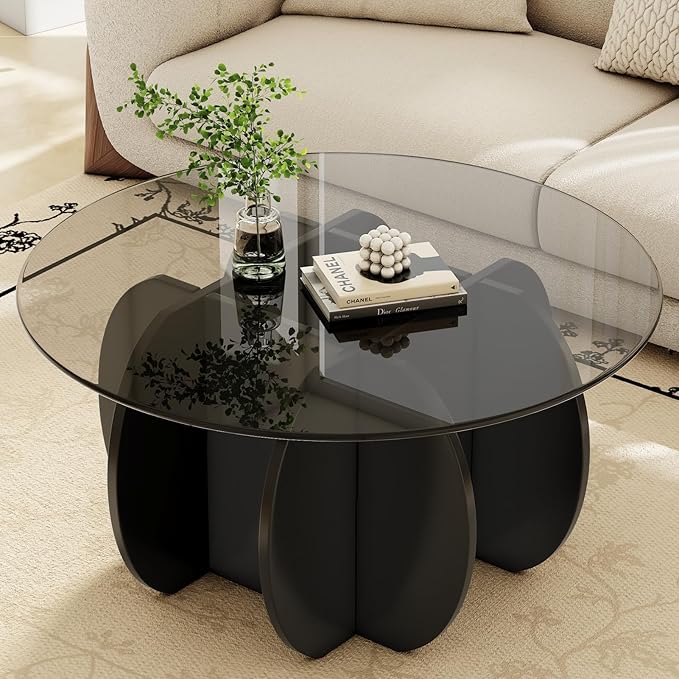 Coffee Table for Living Room Mid Century Modern Round Center Table with Glass Top, Black