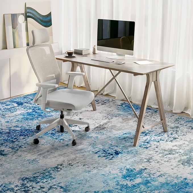 5x7 Washable Area Rugs - Living Room Rug Neutral Modern Abstract Large No Slip Soft Thin Rug Indoor Floor Carpet for Bedroom Under Dining Table Home Office Nursery Room - Blue White