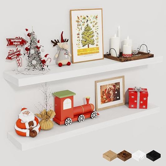 Fun Memories 36Inch Floating Shelves for Wall 2 Pack Wood Shelves for Kitchen, Bathroom, Bedroom Wall Mounted Rustic Wood Floating Shelf with Invisible Brackets for Books, Storage, Decor, White