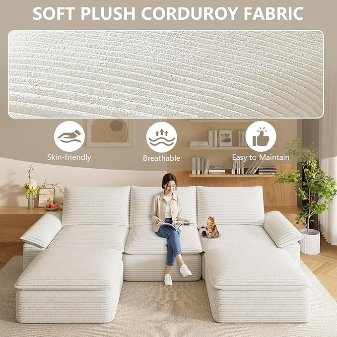 111" Cloud Sectional Couch with U-Shaped Chaise, Corduroy Sectional Sofa with Ottoman, Boneless Couch with Deep Seat in a Box for Living Room, No Assembly Required (White)