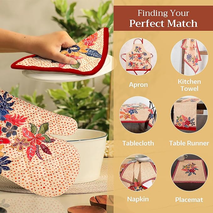 Maison d' Hermine Oven Gloves 100% Cotton Oven Mitt 7" x 13" with Loop Heat Resistant BBQ Cooking Gloves for Thanksgiving Christmas Decorations Baking Handling Hot Pans (Pack of 1, Kalahari)