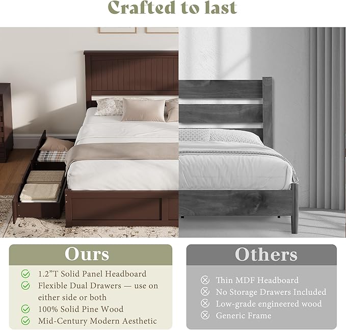 AMERLIFE King Size Solid Wood Bed Frame with 50" Tall Headboard, Mid-Century Modern Bed with Storage, Wooden Platform Bed with 2 Drawers, No Box Spring Needed, Espresso