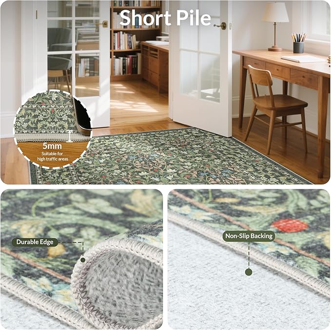 GENIMO 9x12 Washable Area Rug, Non-Slip Vintage Boho Floral Carpet, Soft Low-Pile Thin Large Living Room Rug for Bedroom, Dining Room, Nursery, Emerald Green
