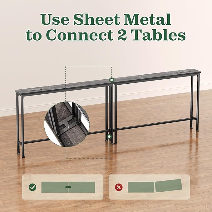 SUPERJARE 5.7 Inch Console Table with Outlet, Sofa Table, Behind Couch Table, 5.7 x 39.4 x 29.7 Inches, Metal Frame, Charging Station, Charcoal Grey
