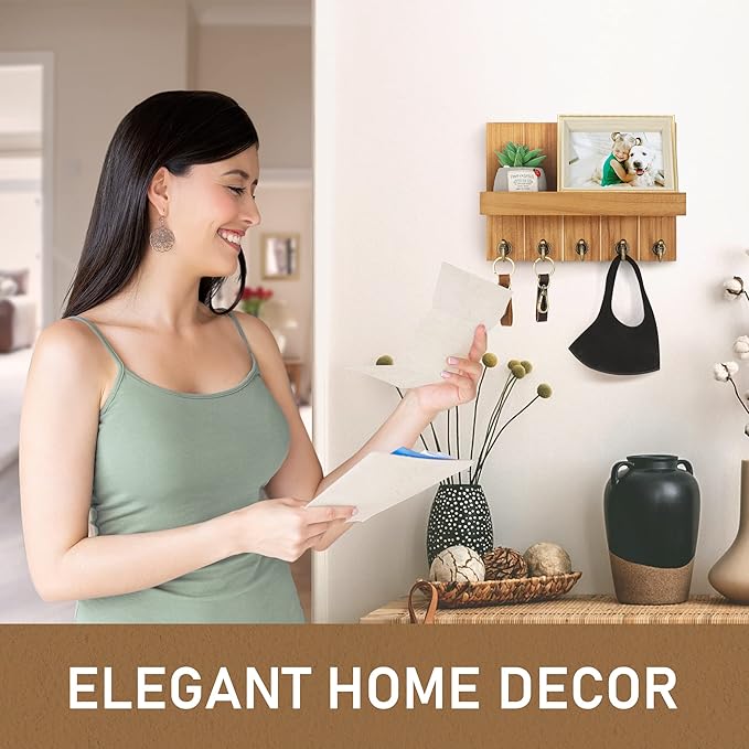 Rebee Vision Farmhouse Key Holder for Wall - Decorative Wall Shelf with Key Hooks & Mail Organizer Wall Mount for Apartment Essentials - Rustic Living Room Decor (Light Brown, 3.54"D x 10"W x 7.28"H)