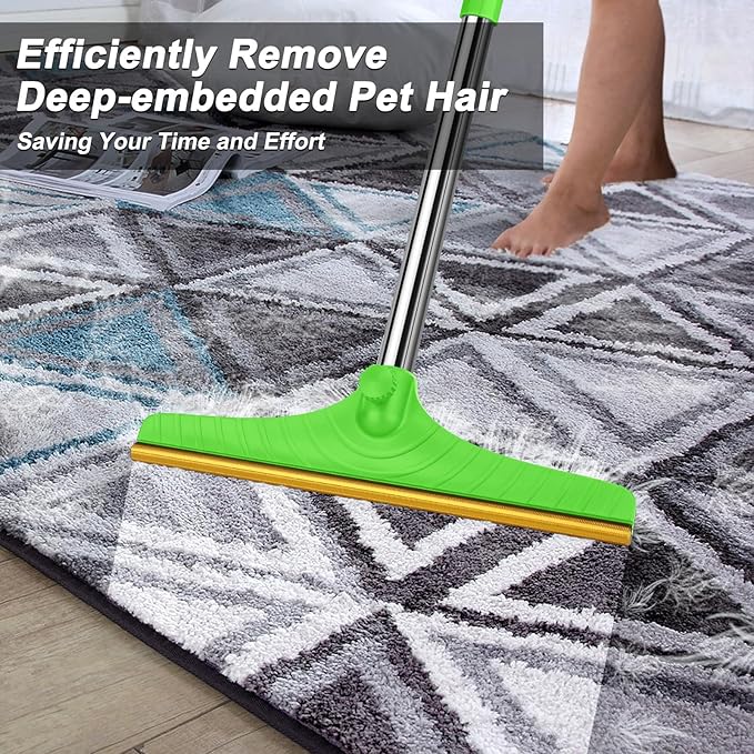 B-Land Carpet Rake for Pet Hair Removal, Reusable Pet Hair Remover with 60” Adjustable Long Handle, Carpet Scraper Dog Cat Hair Remover Tool for Rugs, Mats, Couch, Furniture Green