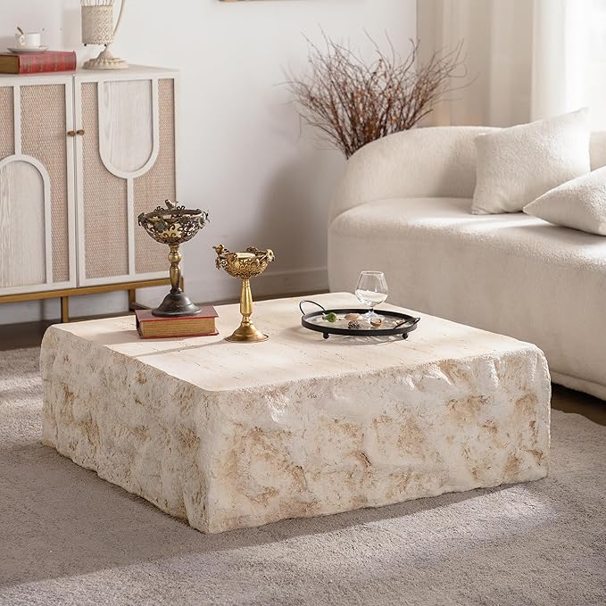 35.43" MgO Square Centre Coffee Table Vintage Faux Stone Sofa Pre-Modern Coffee Tables for Living Room Office Apartment,Amber