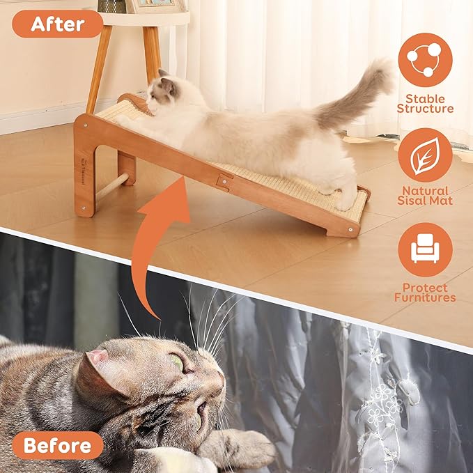 Extra-Larger Cat Scratching Post - Beechwood Base, 28.5" Natural Sisal Woven Cat Scratch Pad, Durable Cat Scratcher Ramp, Furniture Protector for Cats' Clawing and Play