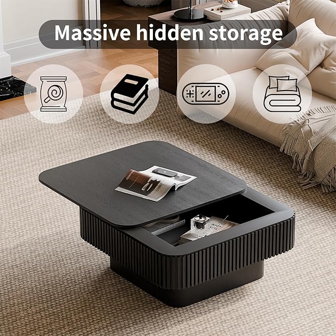 Square Coffee Table for Living Room,Fluted Drum Accent Tea Center Table with Storage,Solid Wood Modern Coffee Tables for Small Space Office Apartment (31.5" L×31.5''W×14''H-Black)