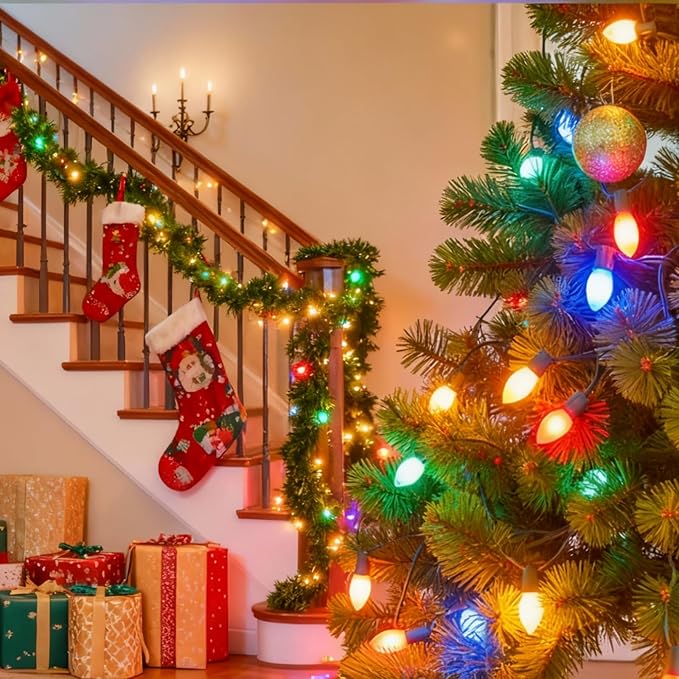 Couah 2 Pack 50 Ft C7 Christmas String Lights, Vintage Christmas Lights with 54 Multicolor C7 Light Bulbs Outdoor C7 Christmas Lights for Christmas Tree Party Backyard Wedding