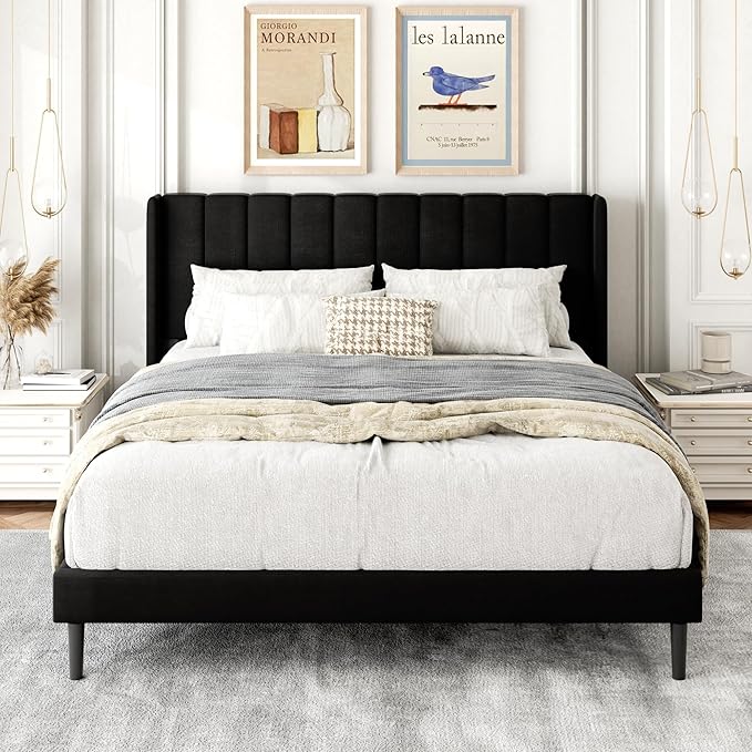 Queen Size Bed Frame with Upholstered Wingback Headboard, Easy Assemnly Platform Bed, Wooden Slat Support No Box Spring Needed, Black Velvet