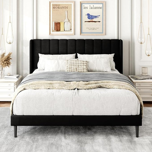 Queen Size Bed Frame with Upholstered Wingback Headboard, Easy Assemnly Platform Bed, Wooden Slat Support No Box Spring Needed, Black Velvet