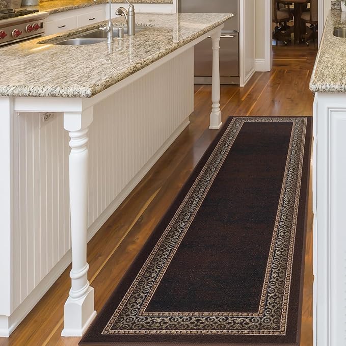 Antep Rugs Alfombras Bordered Modern 2x10 Non-Slip (Non-Skid) Low Pile Rubber Backing Indoor Area Runner Rug (Brown, 2' x 10')