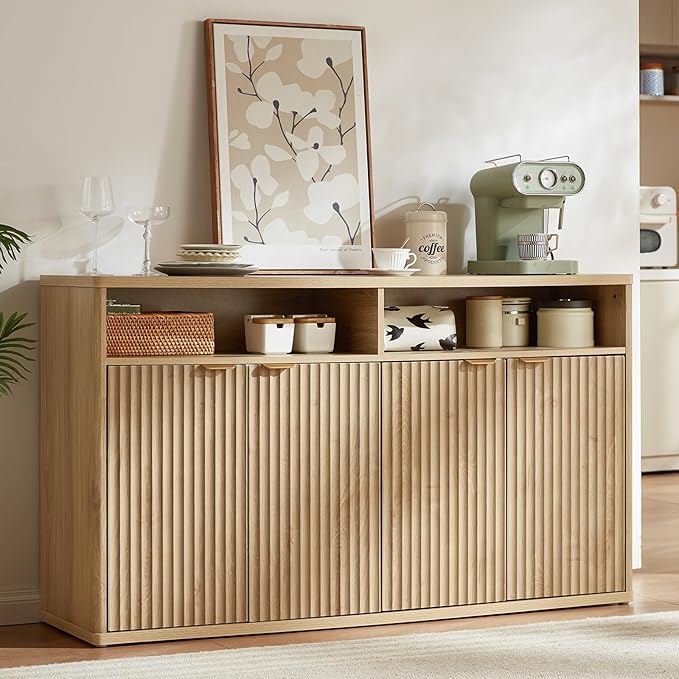 LEYAOYAO Fluted Buffet Cabinet with Storage, 55" Wide Wood Sideboard Credenza with 4 Doors & Open Storage Shelf, Kitchen Entryway Accent Table, Modern Console Cabinets for Dining Room, Natural Oak