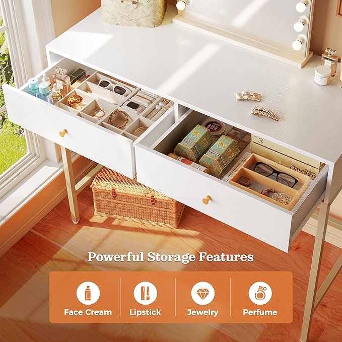 SUPERJARE 31.5" White and Gold Desk with 2 Drawers, Modern Vanity Desk, Small Makeup Table for Home Office Writing Study Bedroom