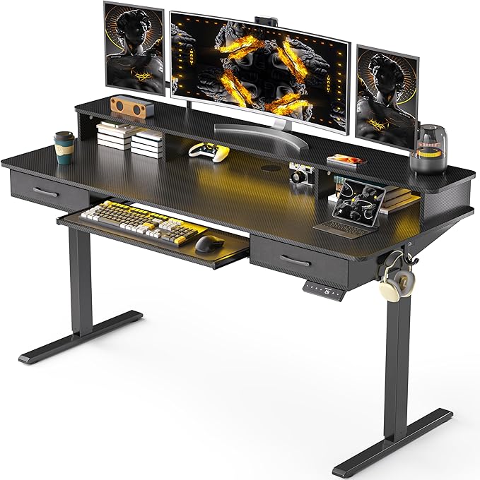 63x24 Inches Electric Standing Desk with Keyboard Tray, Height Adjustable Stand up Desk with 2 Drawers, Ergonomic Sit to Stand with Storage Monitor Stand, Computer Table, Black