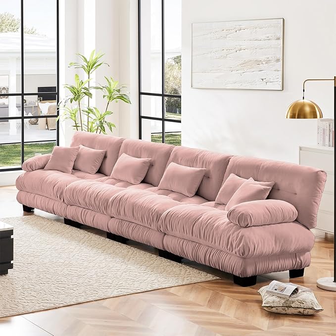 173.2" Oversized 4 Seater Modular Sectional Sofa, Pink Sectional Fluffy Couch Set, Chenille Cloud Couch with 6 Pillows, Deep Seat Sofas for Living Room
