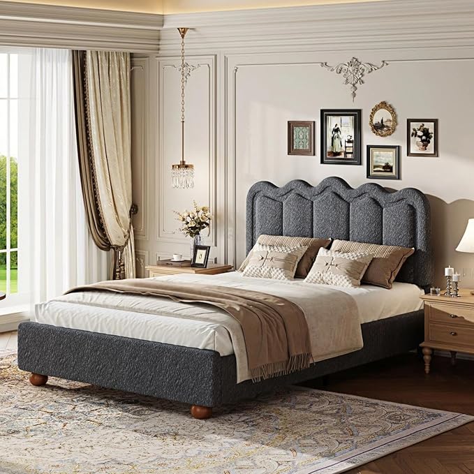 Queen Size Bed Frame with Headboard, Boucle Bed Frame, Soft Upholstered Platform Cloud Bedframe with Footboard, Solid Wood Legs, Solid Wooden Slats Support, No Box Spring Required, Easy Assembly