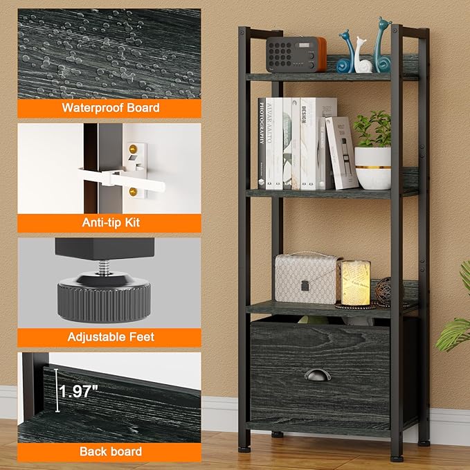 Furologee 4 Tier Bookshelf with Drawer, Small Narrow Bookcase, Wood and Metal Standing Shelf Unit, Industrial Display Storage Shelves Organizer for Bedroom, Living Room, Entryway, Black