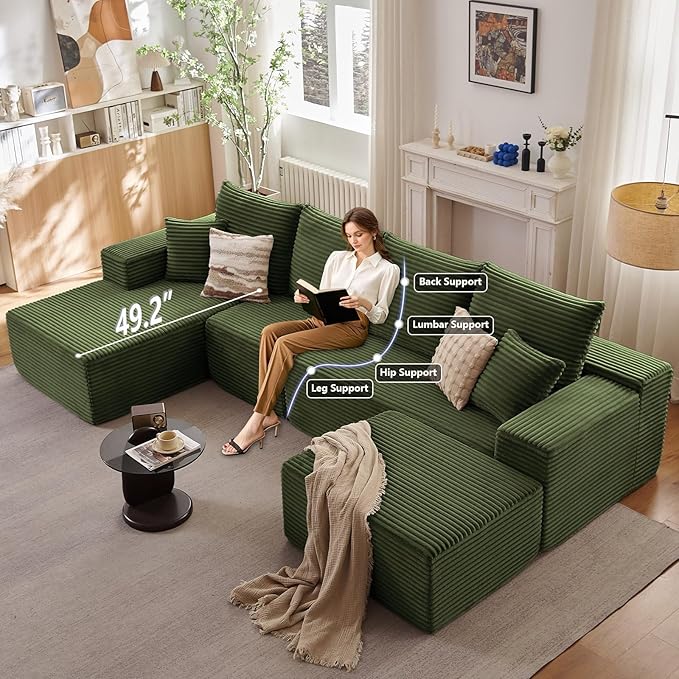135" L-Shape Sofa with Ottoman, Modern Modular Sectional Comfy U-Shape Cloud Couch, Deep Seat, Upholstered Corduroy Sleeper Chaise Longue for Living Room Bedroom, No Assembly Required, Green
