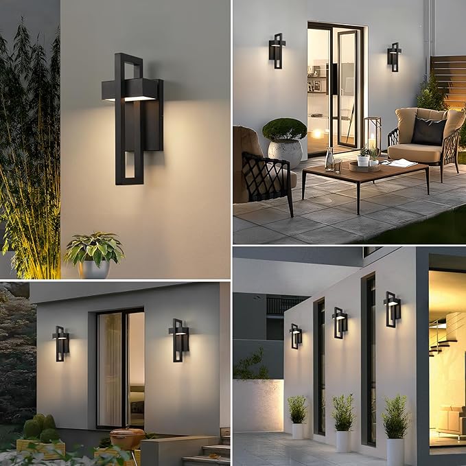 tewei LED Outdoor Wall Sconce Modern Exterior Lighting Fixtures, Matte Black Outdoor Front Porch Lights LED Outside Wall Mount Lights for House, Hallway, Warm White 3000K, 2 Pack