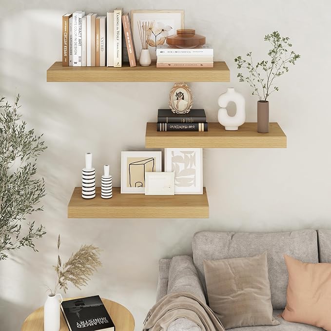 Floating Shelves for Wall, 30" W x 12" D x 2" H, 2 Pack of Long Wall Mounted Engineered Wood Shelves with Invisible Brackets for Living Room, Bedroom, Bathroom, Kitchen Decor, Oak