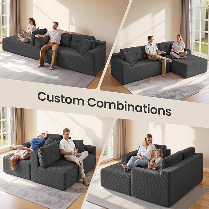 VASAGLE 108.3 Inches Boneless Couch with Chaise, Modular Sectional Sofa, Modern Cloud Couch with Deep Seat, L-Shape Corduroy Sofa for Living Room, Right-Facing Chaise, Bedroom, Slate Gray ULCS182GN01