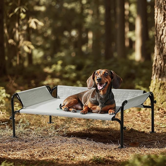 Gardner Pet Elevated Dog Bed for Small Dog, Outdoor Raised Bed Waterproof Portable Cooling Pet Cot Hammock Bed with 3-Sided Guardrail, Breathable Mesh, Grey, 35 Inches