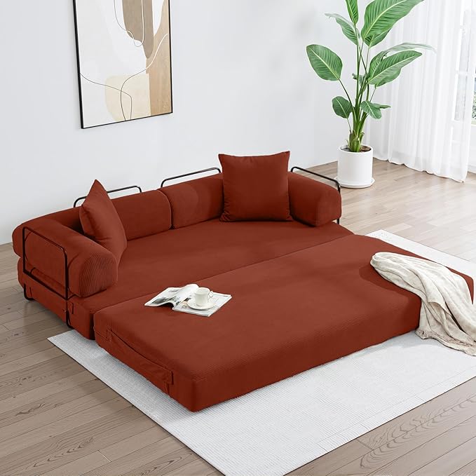 Convertible Sleeper Sofa Bed with Cylindrical Pillow, Corduroy Folding Boneless Couch with Fixed-Shape Frame, Floor Sofa Lounge Couch for Living Room Bedroom Lounge Studio-Ancora Red