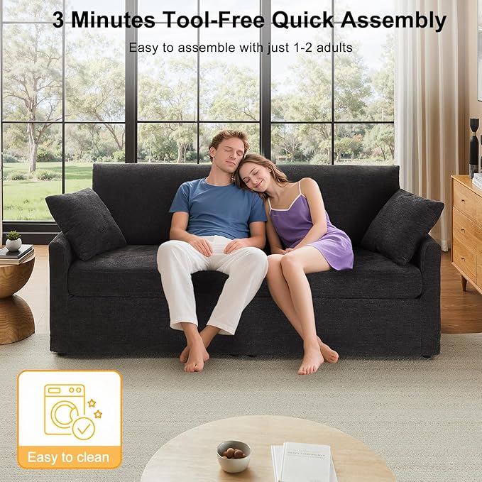 85" Chenille Sofa Couches for Living Room, 3 Seater Sofa with 2 Pillows, Modern Couches Tool-Free Setup, Comfy Oversized Loveseat with Medium Firm Cushions for Small Spaces, Apartment