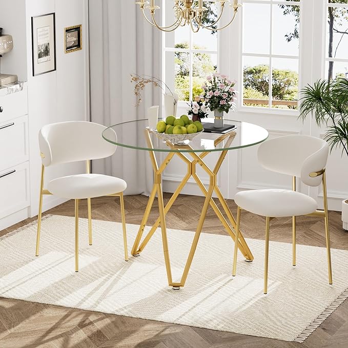 35.4" Round Dining Table for 4, Modern Clear Glass Kitchen Table for 4 with Gold Metal Legs, Compact Small Circle Dining Room Leisure Tables for Kitchen Apartment