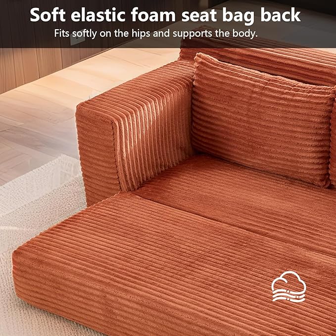Fefances Loveseat Sofa Bed Boneless Couch, Convertible 2-in-1 Design, Corduroy Fabric - Compact Memory Foam Couch for Small Spaces, Apartments, Home Office & Bedroom（Orange）
