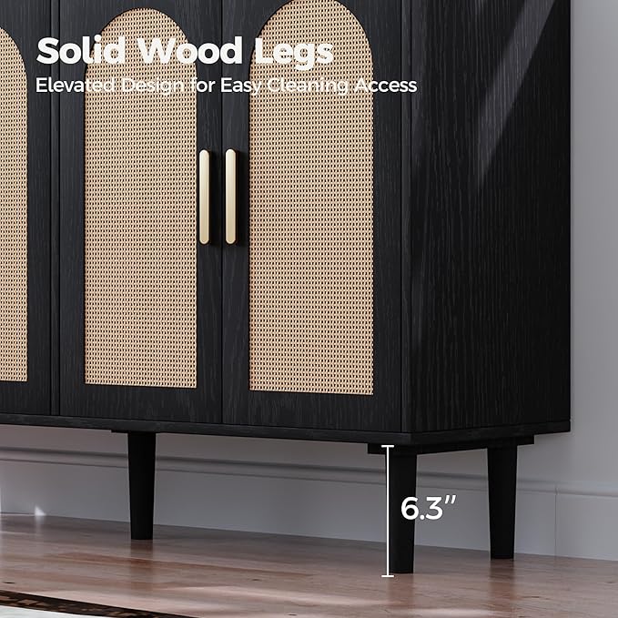 4-Door Rattan Sideboard Buffet Cabinet, 47" Large Storage Cabinet with Shleves, Wood Modern Accent Credenza Kitchen Table for Dining Room, Living Room & Entryway, Black & Natural