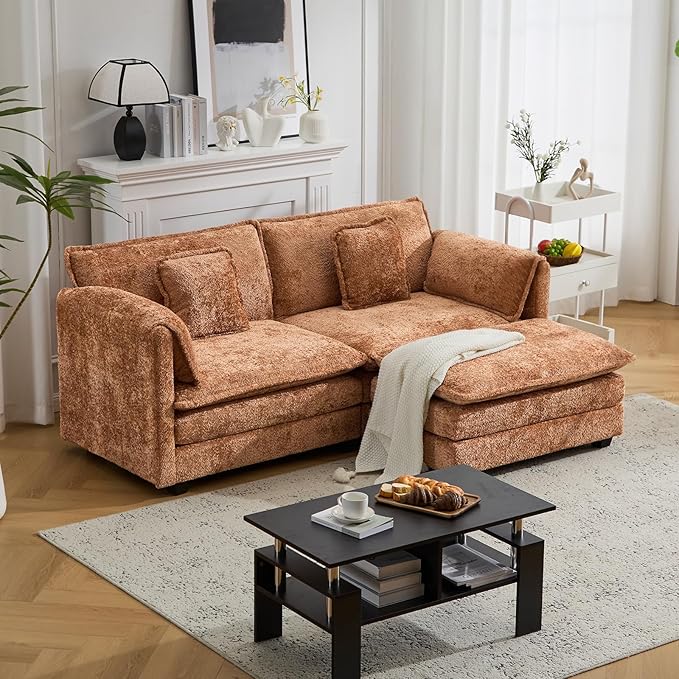 76.2" Modular Sectional Sofa with Movable Ottoman, Deep Seat couches for Living Room, 2 Seater Loveseat Sofa, L Shaped Comfy Cloud Couch with Removable Cover, Armrest Pillow (Orange)