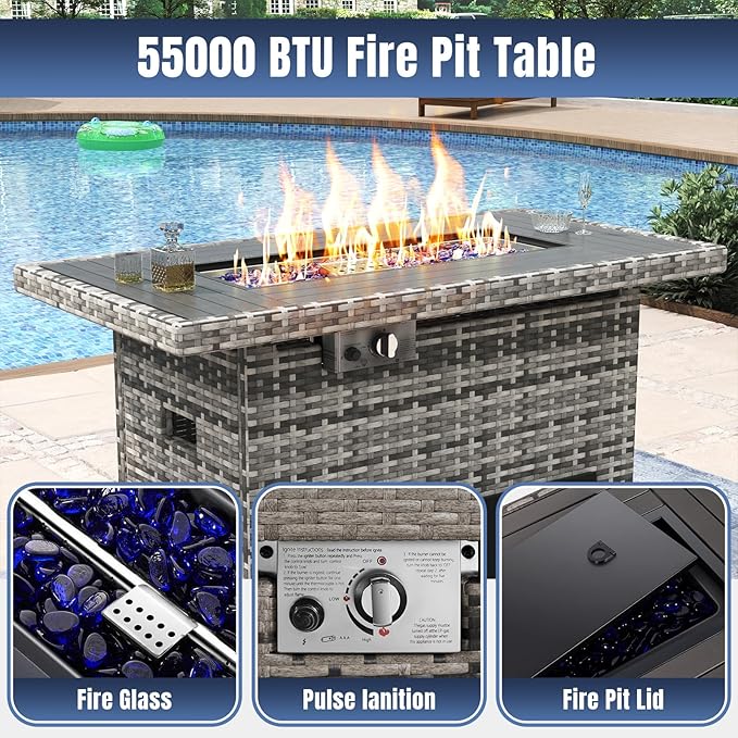 Aoxun 7 Pieces Patio Furniture Set with 40” Fire Pit Table Wicker Rattan Outdoor Sectional Conversation Set with Coffee Table and 4” Thickened Cushions, Blue(Waterproof Cover Included)