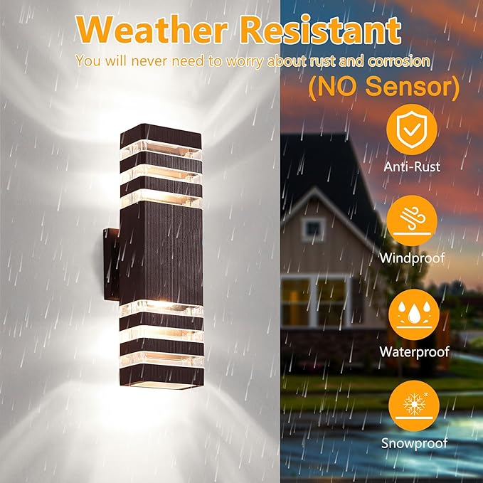 tewei 2 Pack Outdoor Wall Lights, Modern Exterior Light Fixture Wall Mount Brown Outdoor Lights for House, Waterproof Aluminum Up and Down Porch Lights Wall Sconces for Garage Patio, 3-Layer