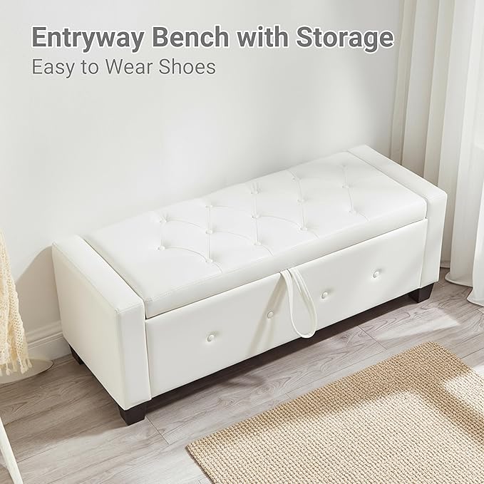 48" Faux Leather Ottoman with Storage, Tufted Storage Ottoman Bench with Safety Hinge, Rectangular Extra Long Bench for Bedroom, Living Room, Entryway and Window, White