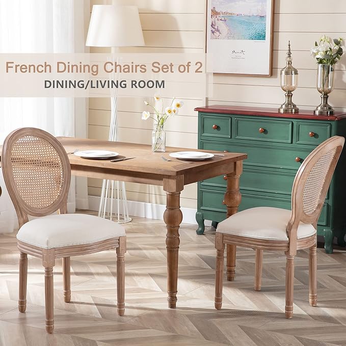 Nrizc French Country Dining Chair Set of 2, Vintage Chic, Upholstered and Carved Wooden Frames, Beige Linen Fabric, Lightweight and Sturdy, Ideal for Dining Room, Kitchen, Living Room, Bedroom