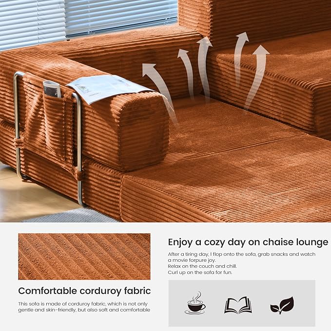 Folding Sofa Bed Convertable Corduroy Couch King Size Floor Sleeper 4-in-1 DIY Combination Modular Sofa Fold Out Futon Lounge Comfy Foldable Lazy cama for Living Room (Orange)