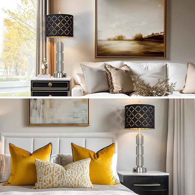 Set of 2 Modern Table Lamps for Living Room Bedroom,29" Tall Bedside Lamp with 2 USB Port,Silver Metal Touch Nightstand Lamp for Desk End Side Table Entryway,Silver