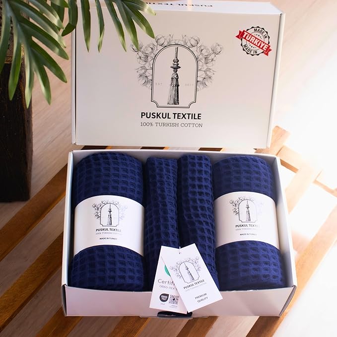 Püskül - Luxury Waffle Towel Set for Bathroom 4 Pieces Navy Blue, Premium Quality Organic 100% Turkish Cotton 2 Hand and 2 Bath Towels Sets, Quick Dry Thin Waffle Towels, Made in Turkiye (Navy Blue)