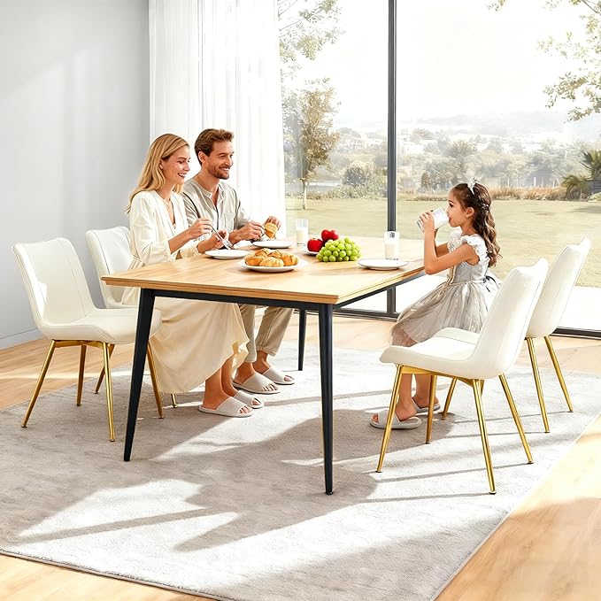 Brage Living Dining Chairs Set of 2, PU Leather Modern Armless Kitchen Dining Room Chairs, Upholstered Accent Side Chairs with Metal Legs (Pearl White, Gold Legs)