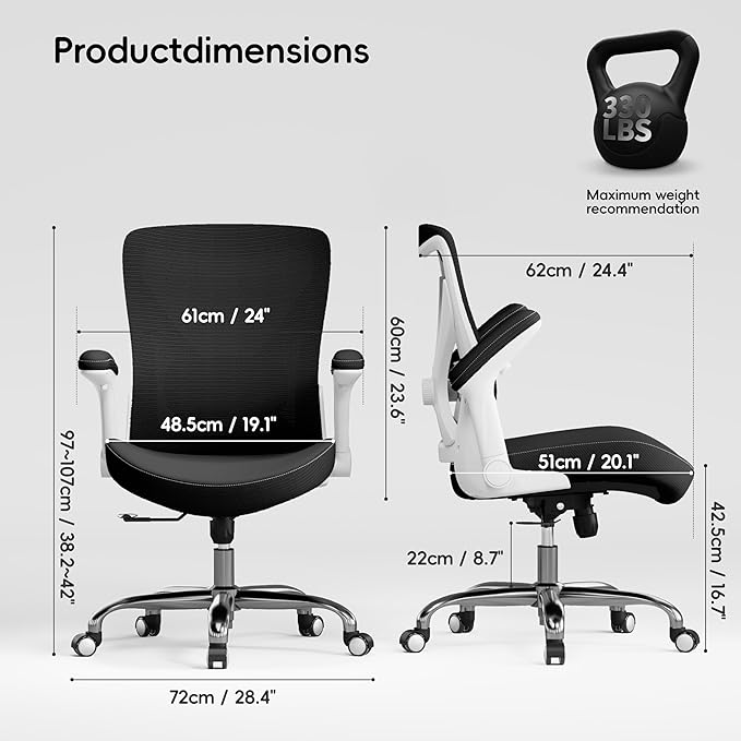 Office Home Ergonomic Desk Chair-Computer X-Shaped Chair Mesh PU Leather with Adjustable Lumbar Support-Executive Chair High Back Flip-Up Arms for Long Hours (Light Black-No Headrest)